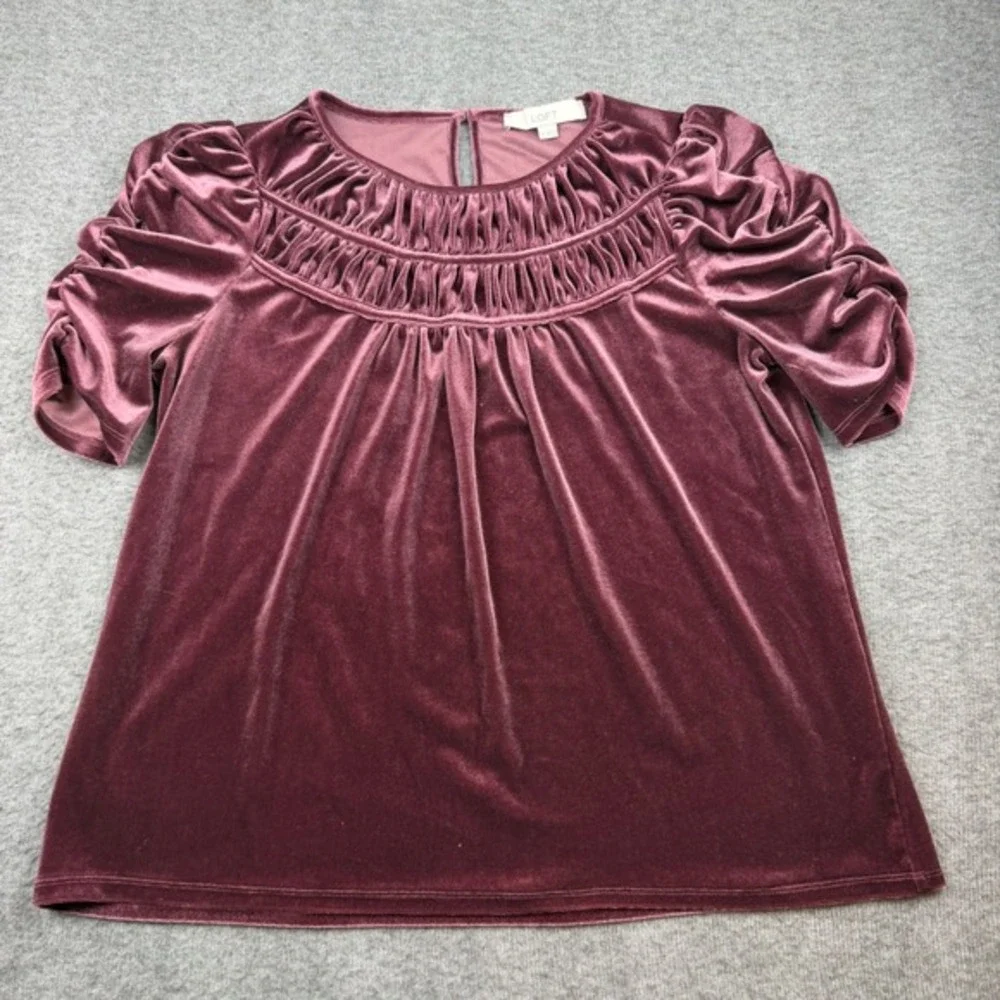 LOFT Velvet Blouse Women's Medium Burgundy Smocked Yoke‎ Puff Sleeve Top